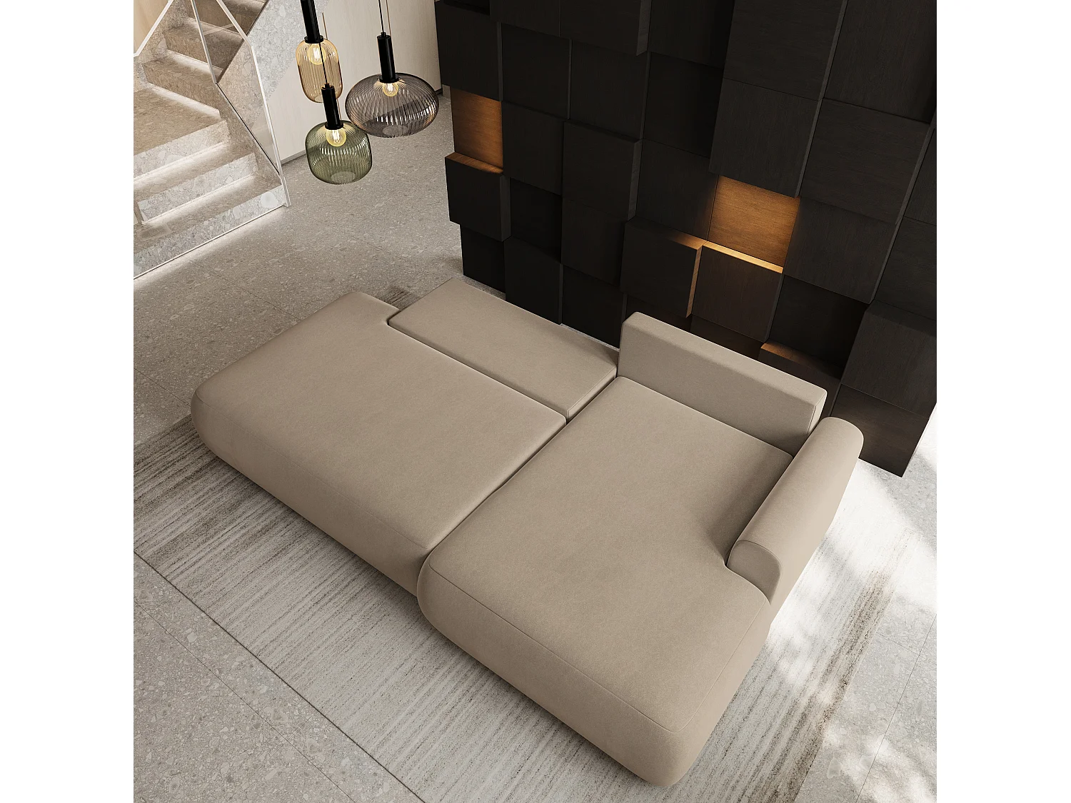 Hoekbank NUVIRA, met slaapfunctie, Fluweelstof Beige