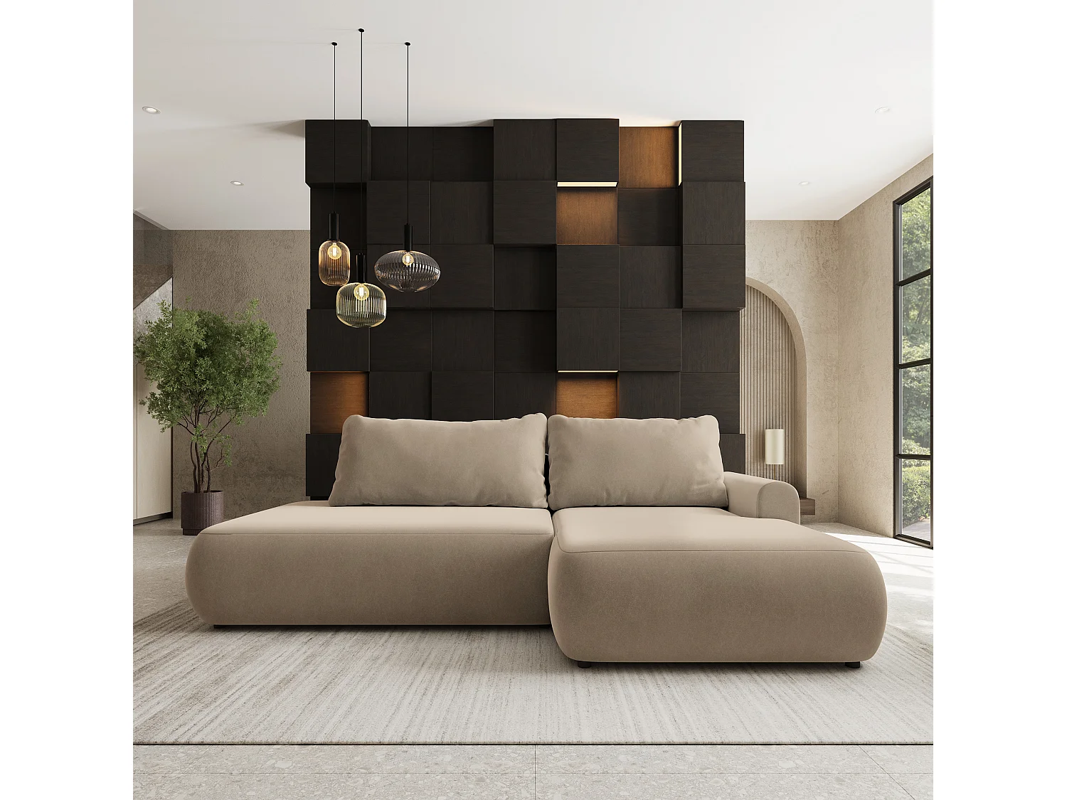 Hoekbank NUVIRA, met slaapfunctie, Fluweelstof Beige