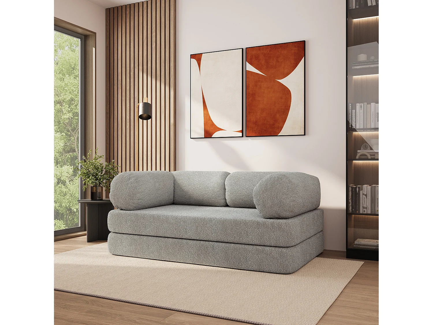 Canapé compressé EIREN sans cadre métallique, Tissu bouclé, Gris clair