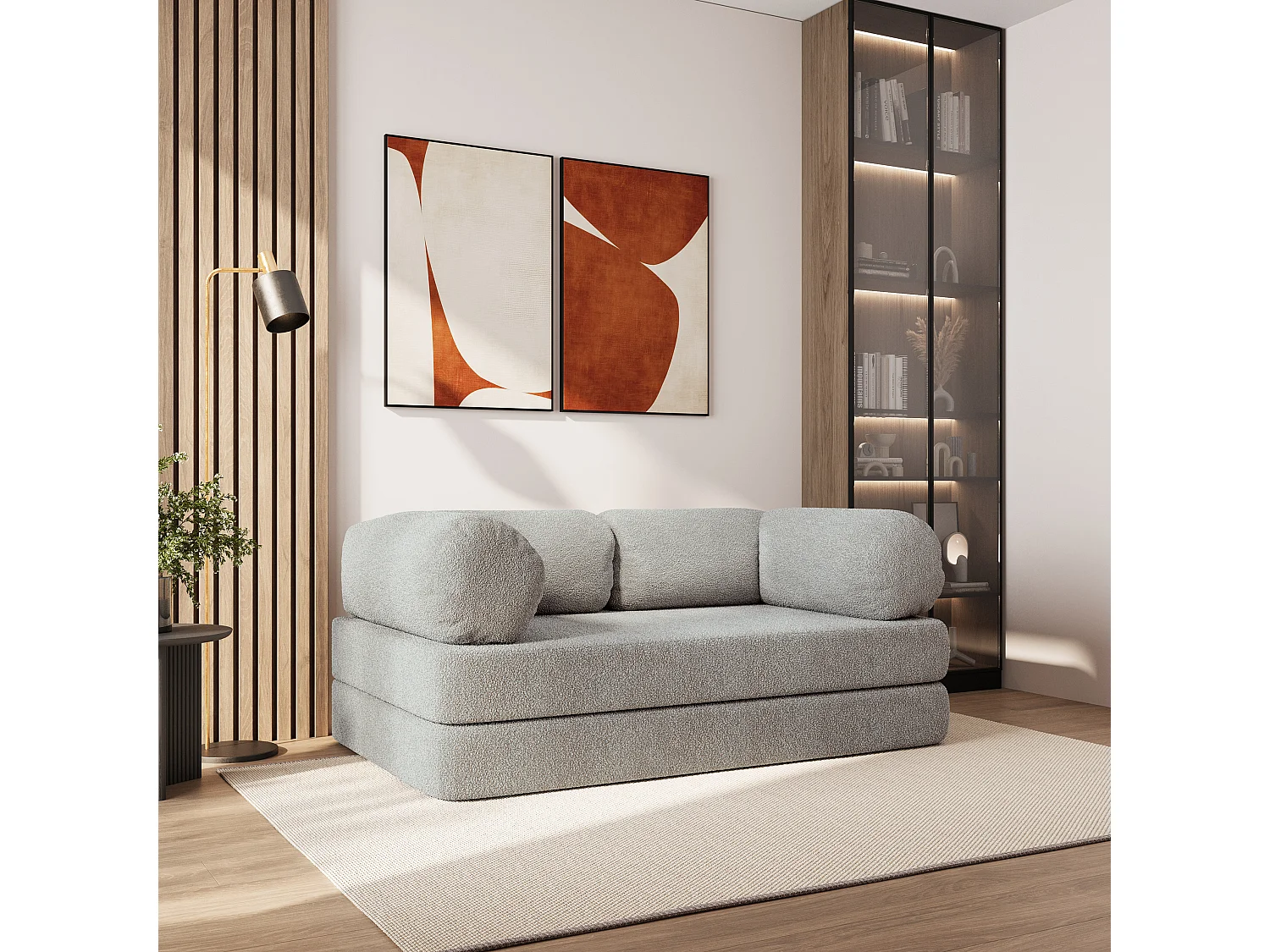 Canapé compressé EIREN sans cadre métallique, Tissu bouclé, Gris clair
