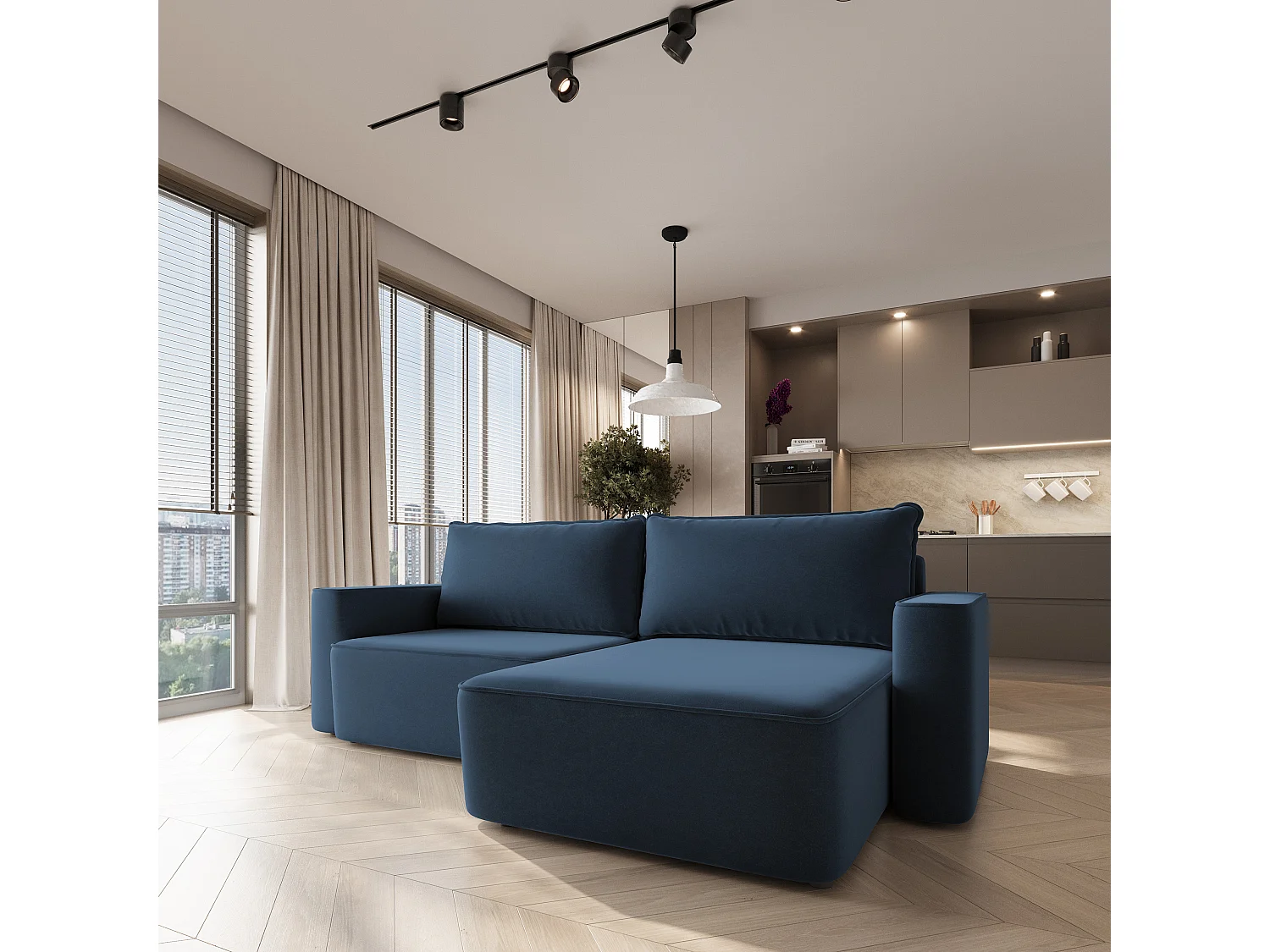 Hoekbank BELISE, met slaapfunctie, Fluweelstof Blauw