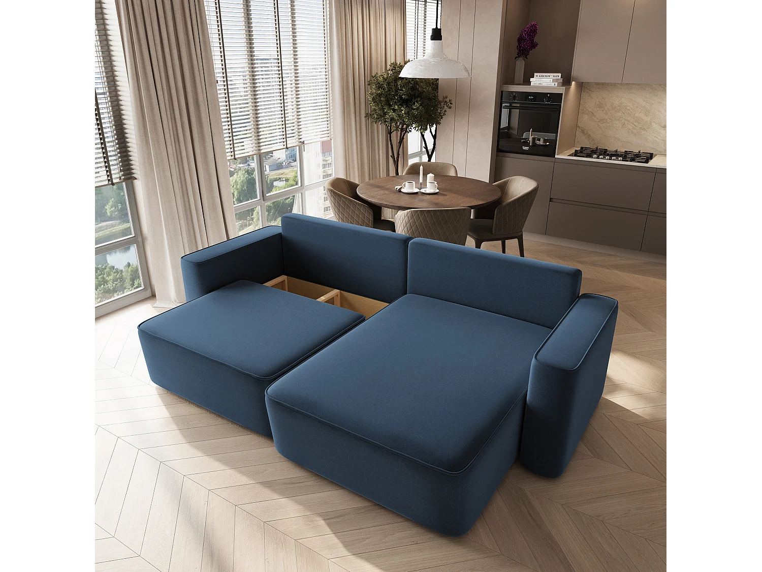 Hoekbank BELISE, met slaapfunctie, Fluweelstof Blauw