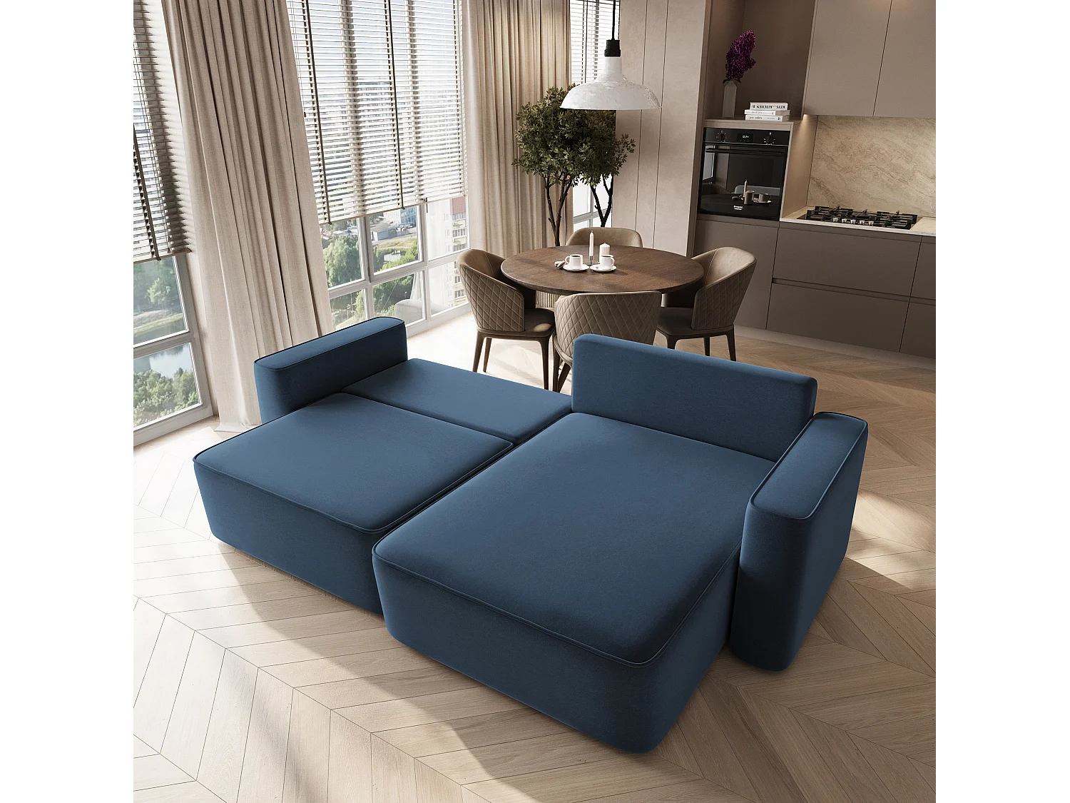 Hoekbank BELISE, met slaapfunctie, Fluweelstof Blauw