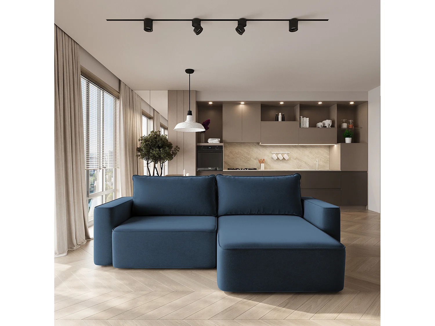 Hoekbank BELISE, met slaapfunctie, Fluweelstof Blauw