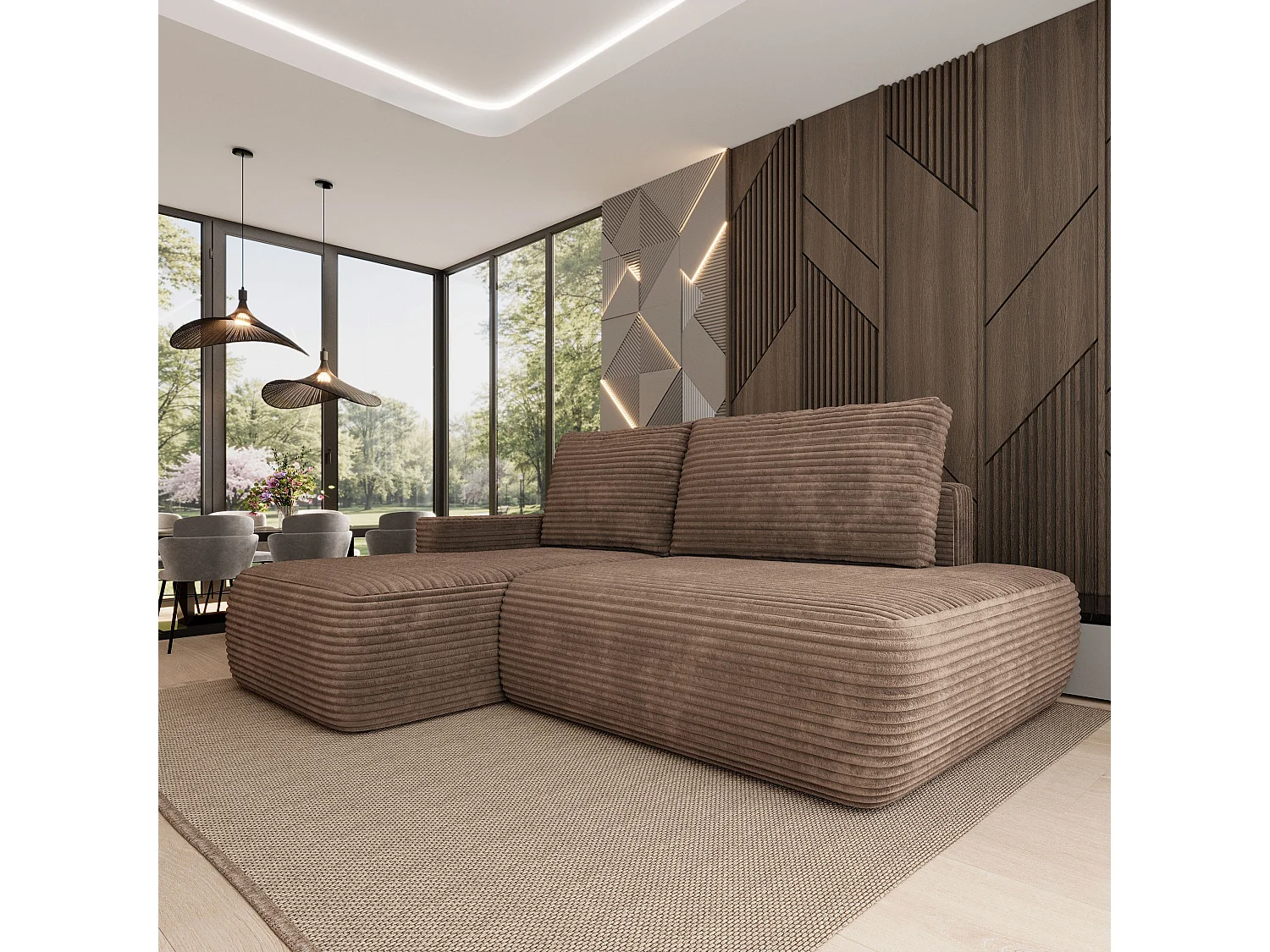 Hoekbank AVINI, met slaapfunctie, Cordstof Beige