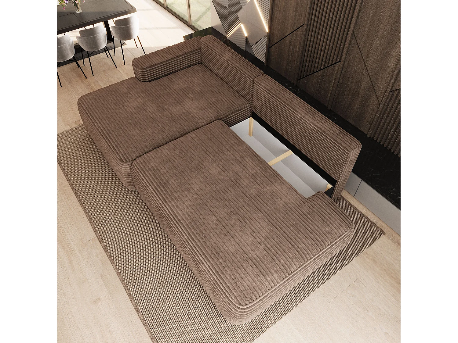 Hoekbank AVINI, met slaapfunctie, Cordstof Beige