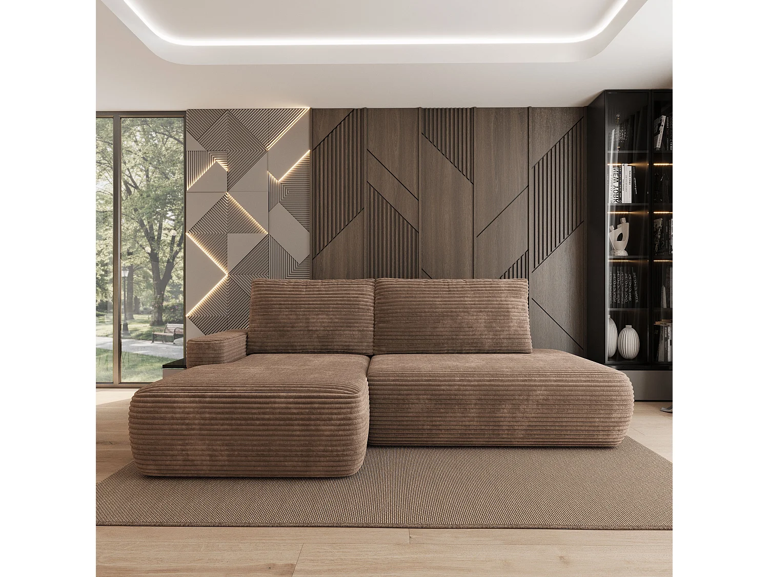 Hoekbank AVINI, met slaapfunctie, Cordstof Beige