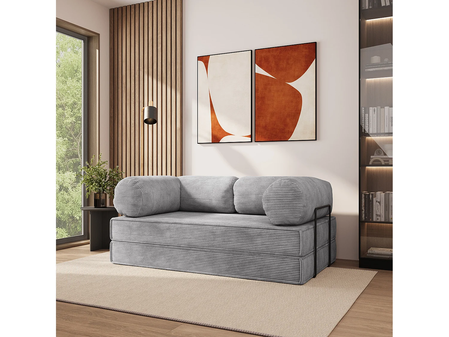 Canapé compressé ALVIO avec cadre métallique, Velours côtelé POSO, Gris clair