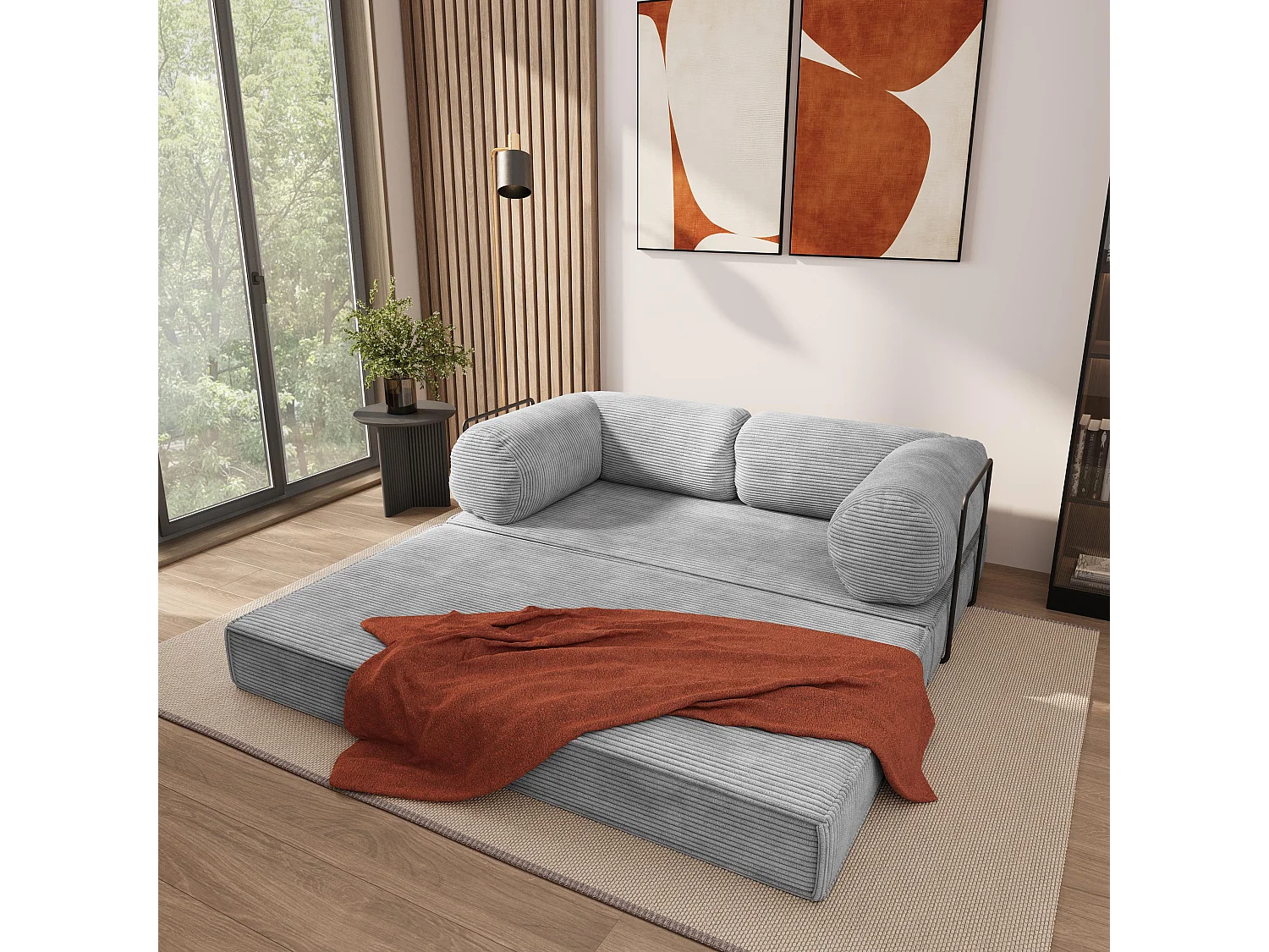 Canapé compressé ALVIO avec cadre métallique, Velours côtelé POSO, Gris clair