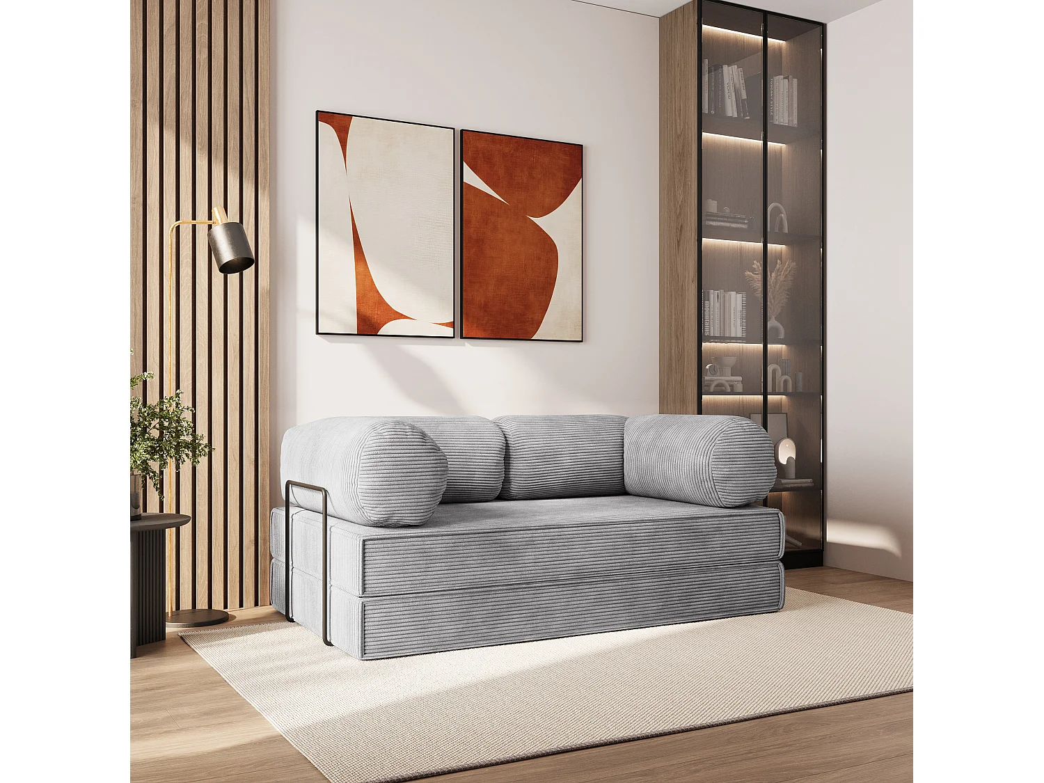 Canapé compressé ALVIO avec cadre métallique, Velours côtelé POSO, Gris clair