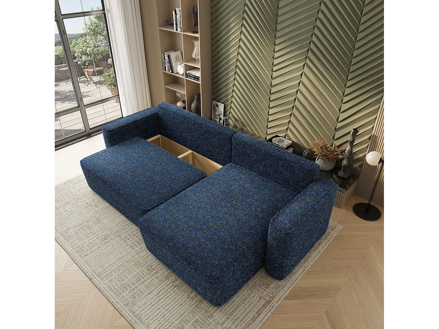Hoekbank BELARO, met slaapfunctie, Chenille Blauw