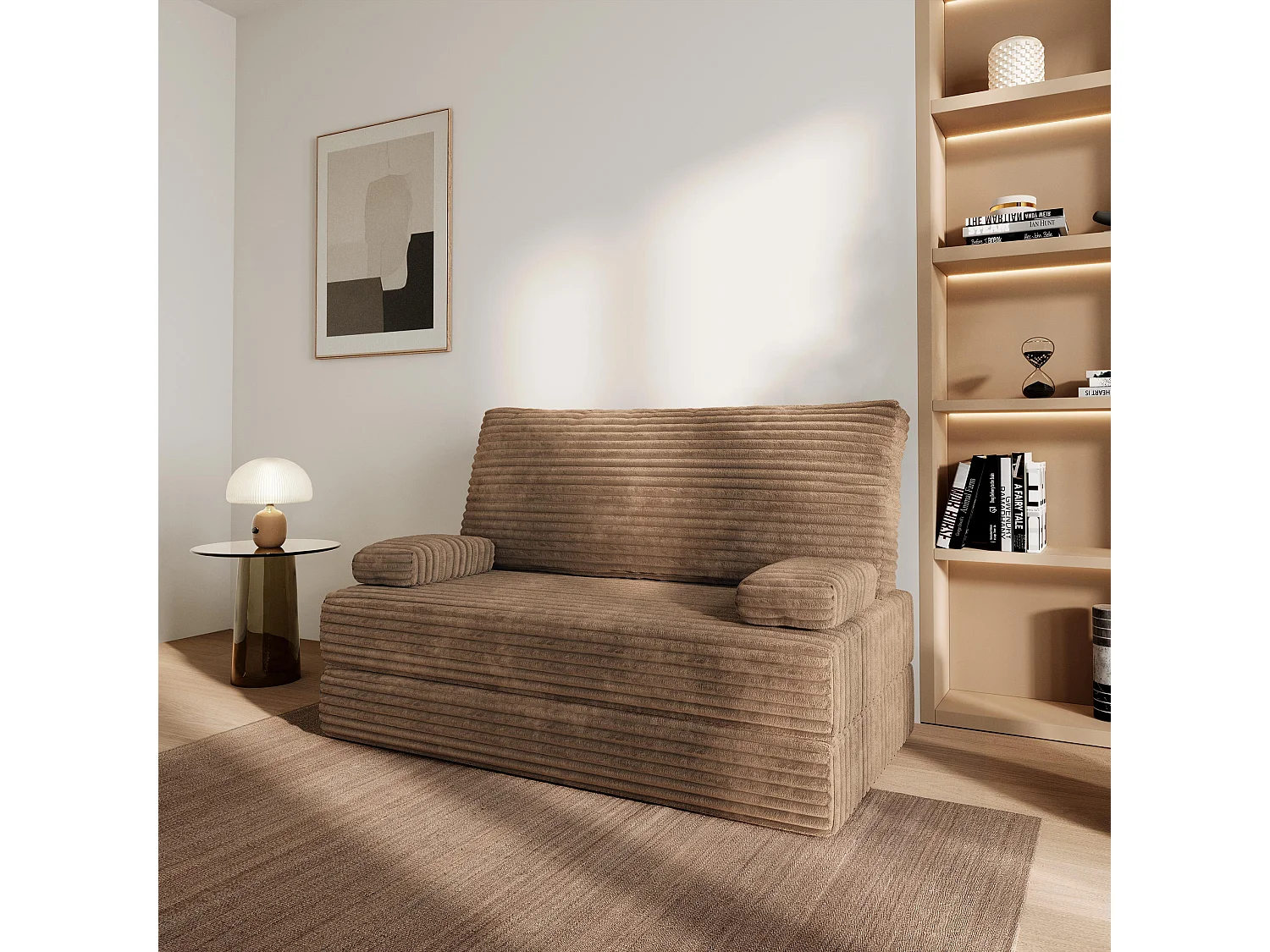 Canapé compressé LADIA sans cadre métallique, Velours côtelé TILIA, Beige