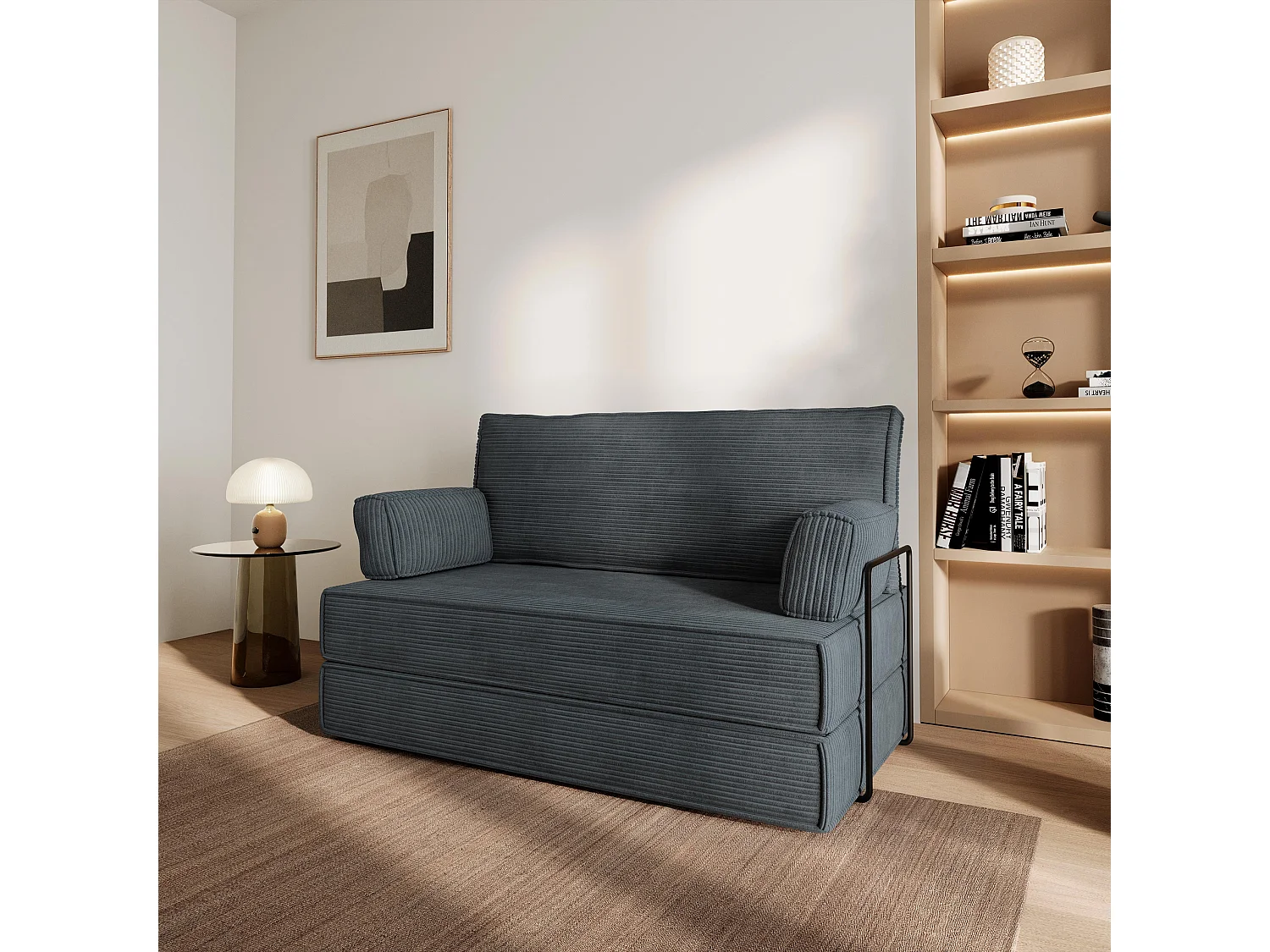 Canapé compressé LADIA avec cadre métallique, Velours côtelé POSO, Anthracite