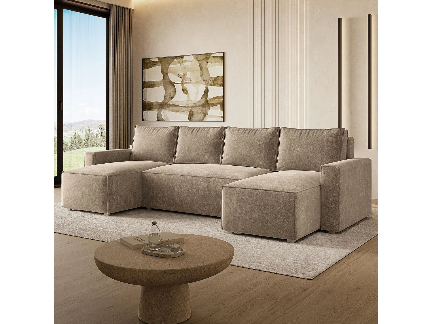 Hoekbank ASPRA, met slaapfunctie, Chenille Beige