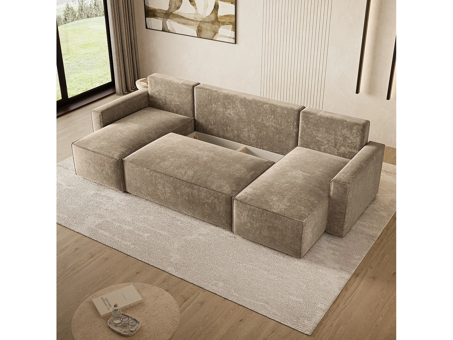 Hoekbank ASPRA, met slaapfunctie, Chenille Beige