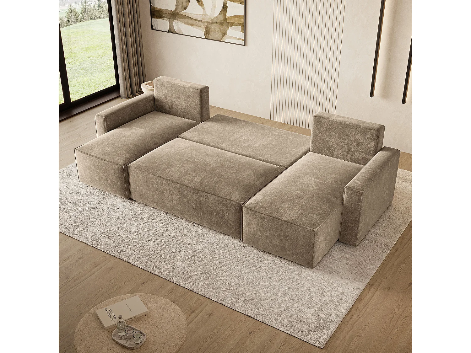 Hoekbank ASPRA, met slaapfunctie, Chenille Beige