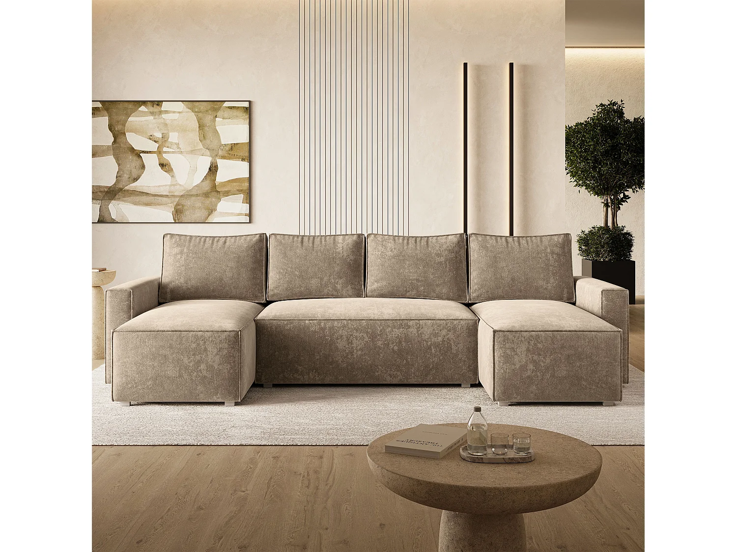 Hoekbank ASPRA, met slaapfunctie, Chenille Beige