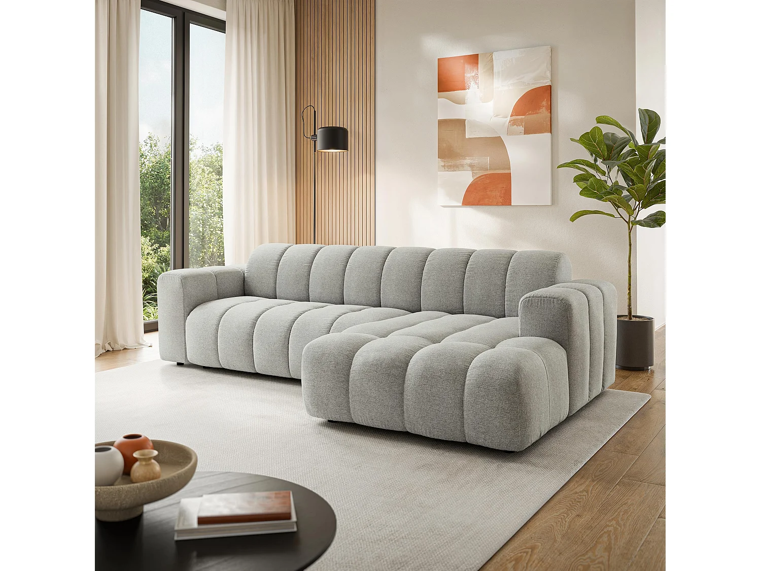 Canapé d'angle SETIA, Tissu structuré, Gris clair
