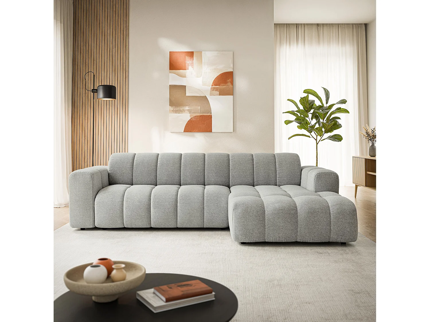 Canapé d'angle SETIA, Tissu structuré, Gris clair