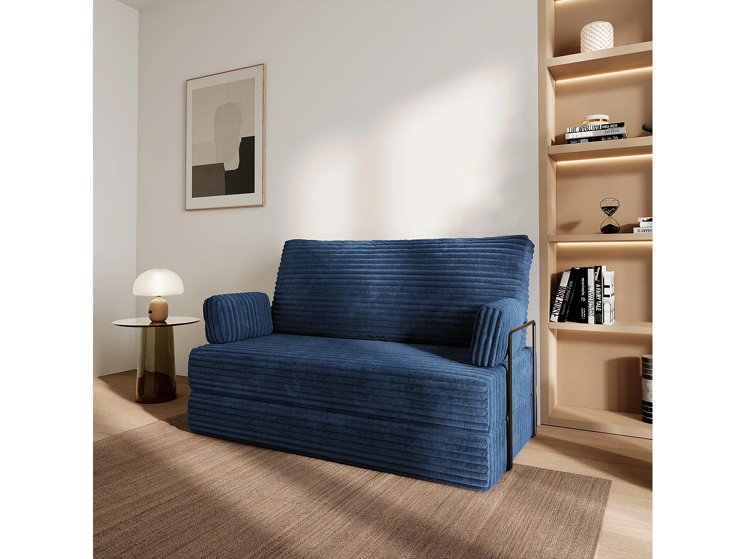 Canapé compressé LADIA avec cadre métallique, Velours côtelé TILIA, Bleu