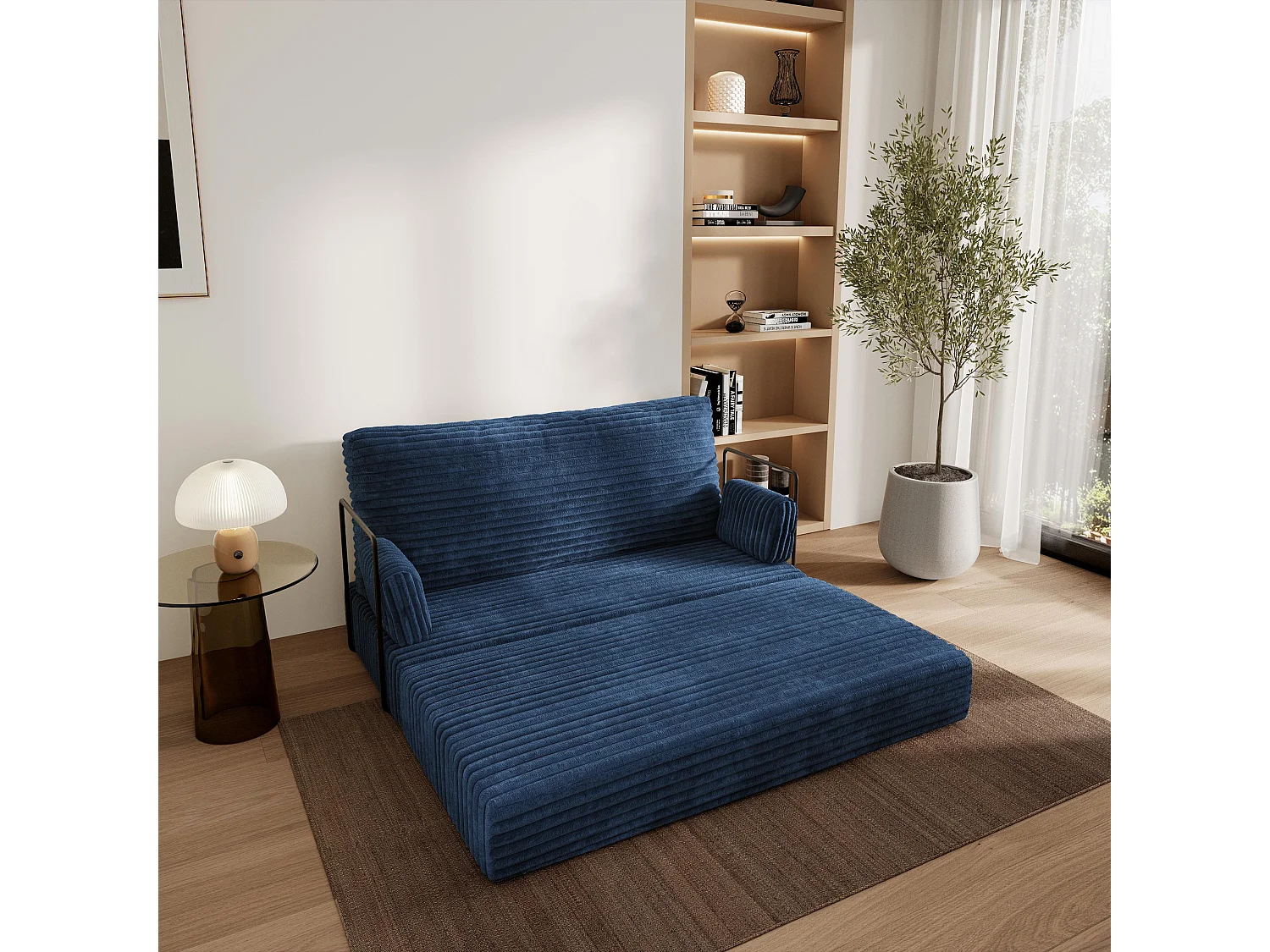 Canapé compressé LADIA avec cadre métallique, Velours côtelé TILIA, Bleu