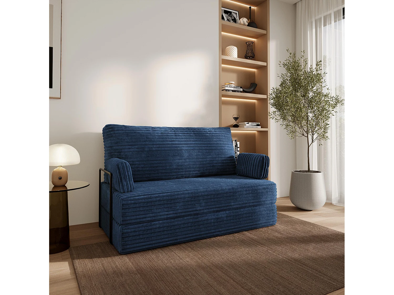 Canapé compressé LADIA avec cadre métallique, Velours côtelé TILIA, Bleu