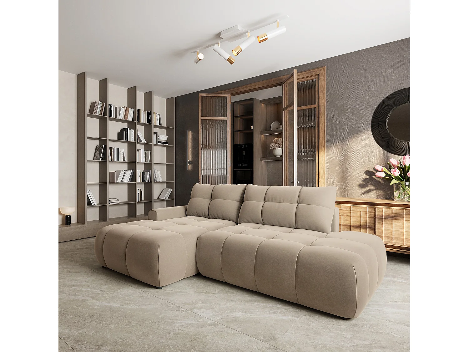 Hoekbank FLUMA, met slaapfunctie, Fluweelstof Beige