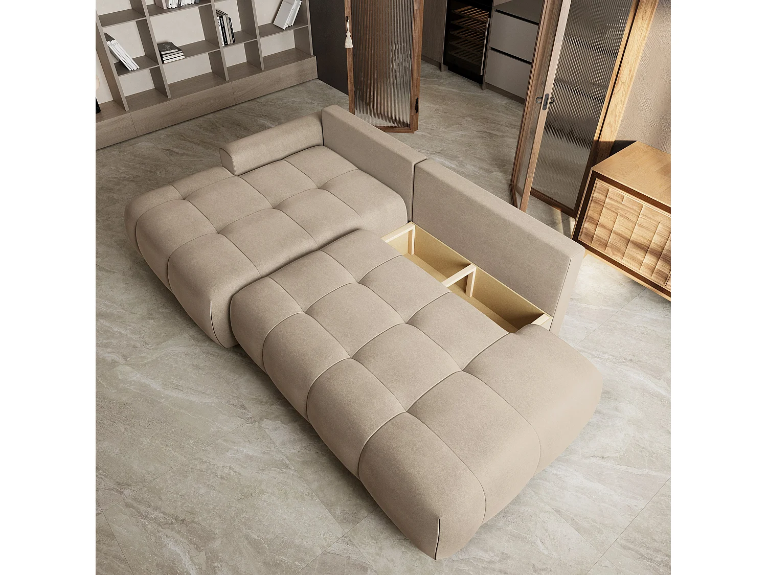 Hoekbank FLUMA, met slaapfunctie, Fluweelstof Beige