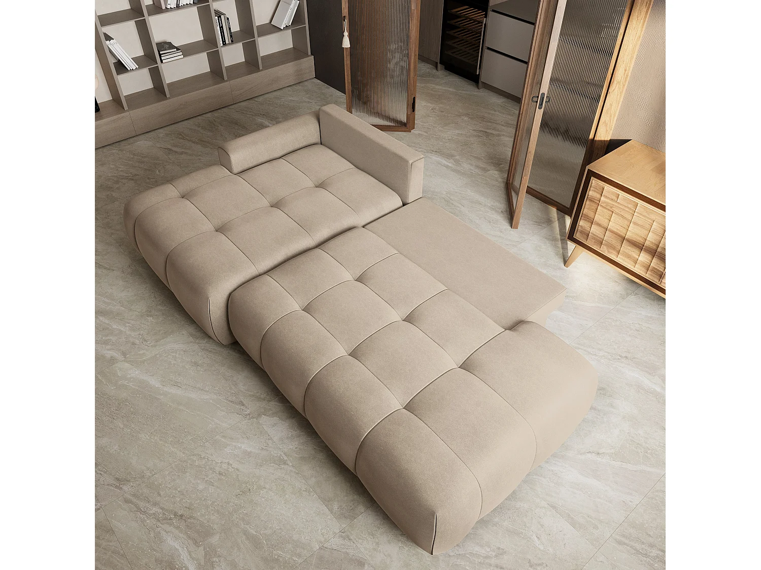 Hoekbank FLUMA, met slaapfunctie, Fluweelstof Beige