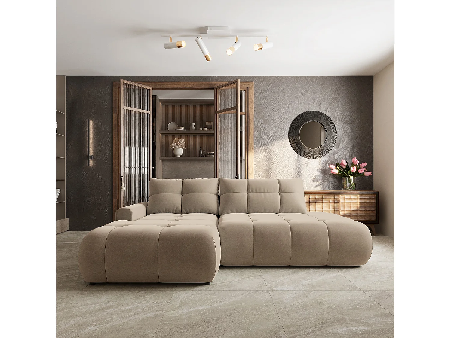 Hoekbank FLUMA, met slaapfunctie, Fluweelstof Beige