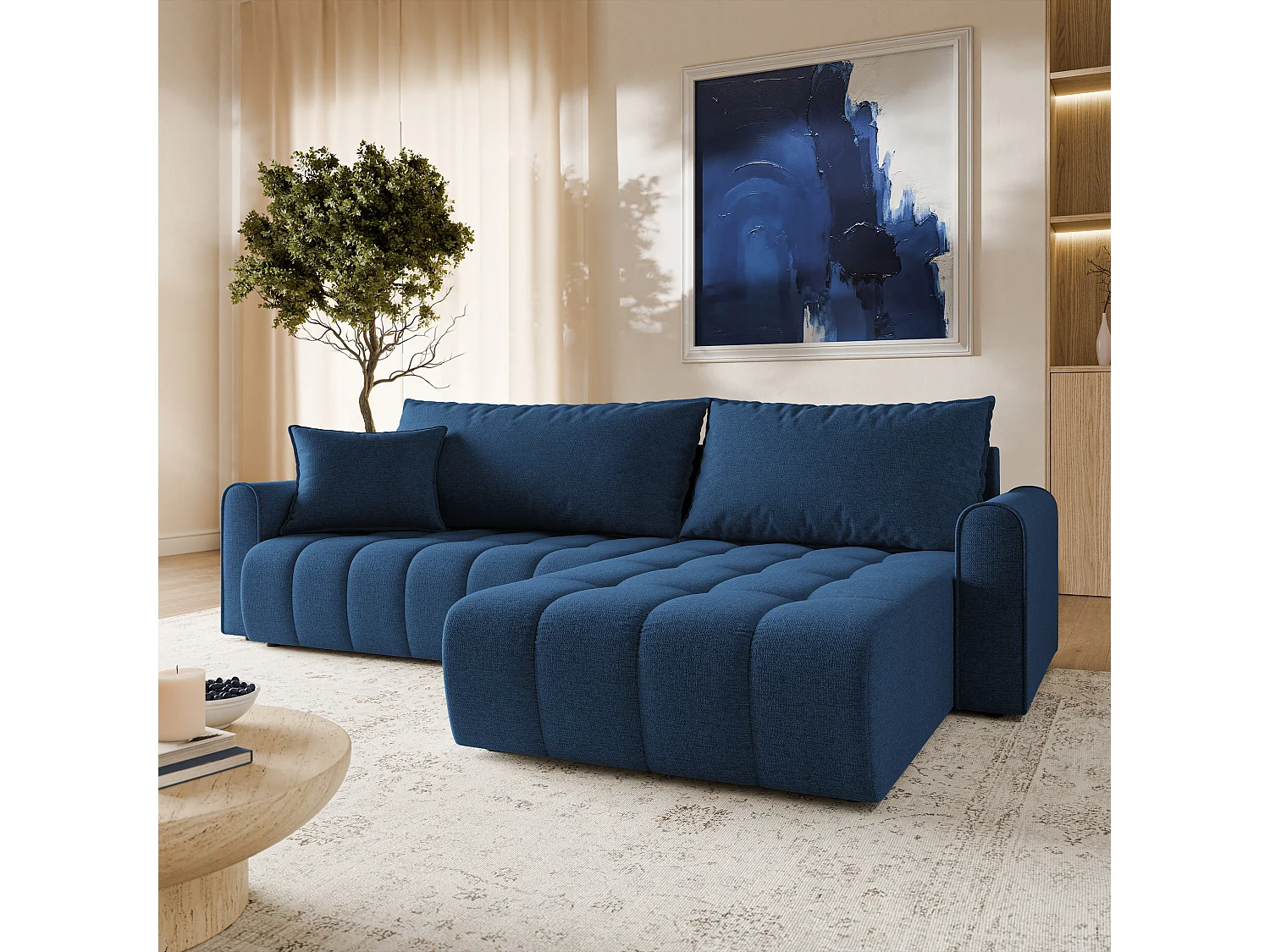 Hoekbank FRIGA, met slaapfunctie, Structuurstof Blauw
