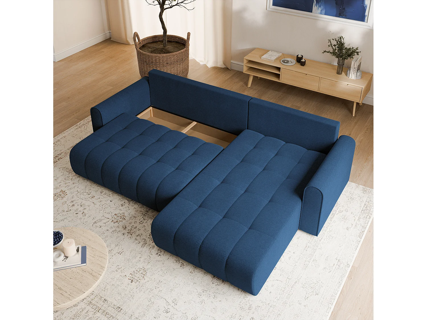Hoekbank FRIGA, met slaapfunctie, Structuurstof Blauw