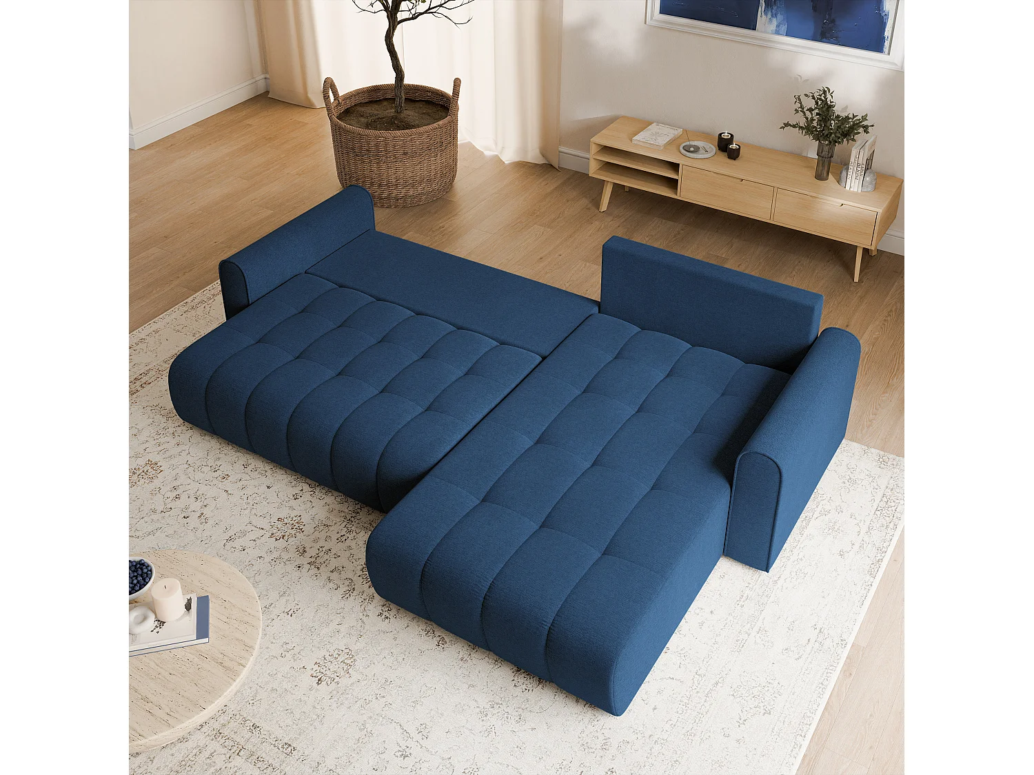 Hoekbank FRIGA, met slaapfunctie, Structuurstof Blauw