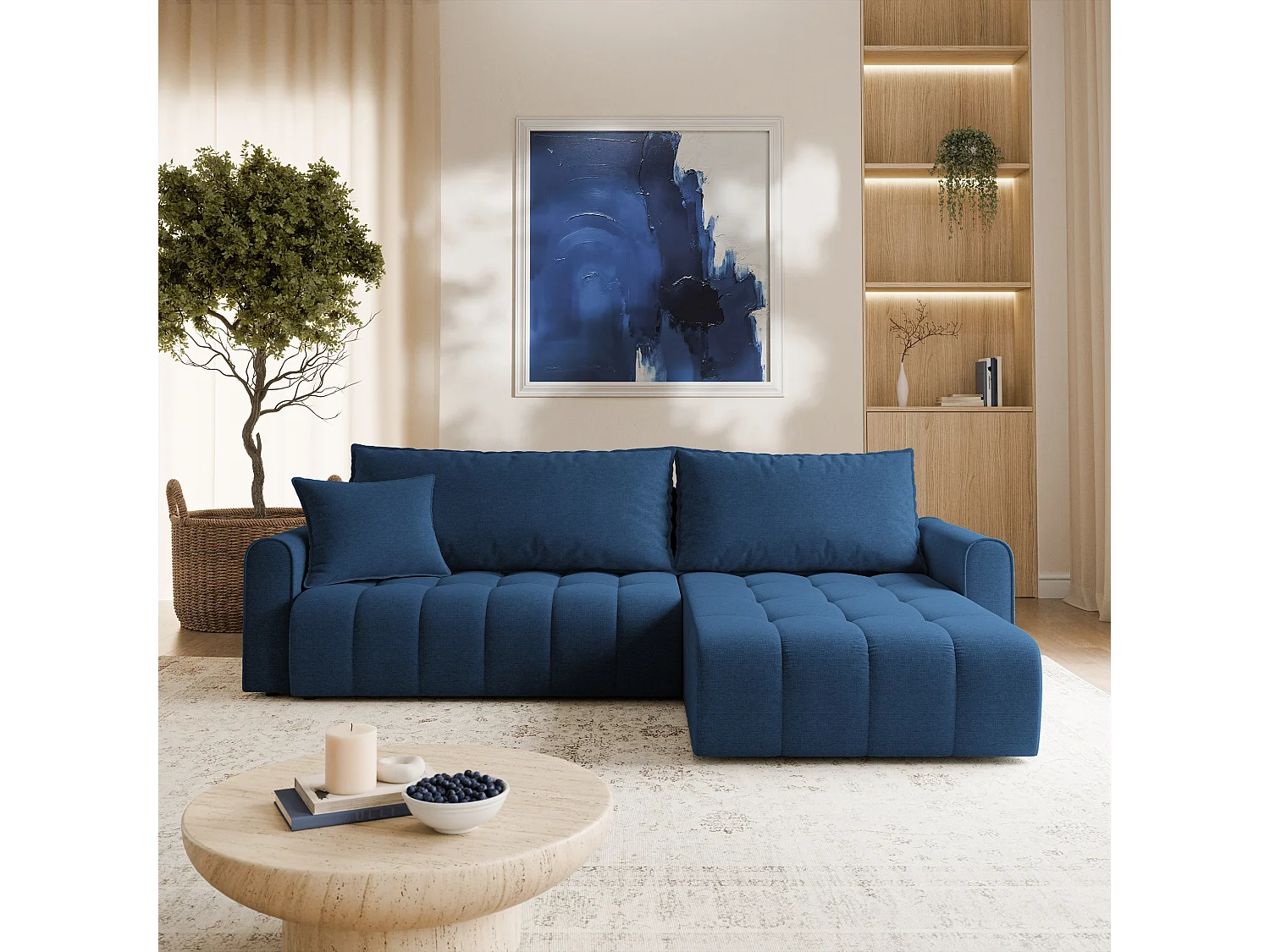 Hoekbank FRIGA, met slaapfunctie, Structuurstof Blauw