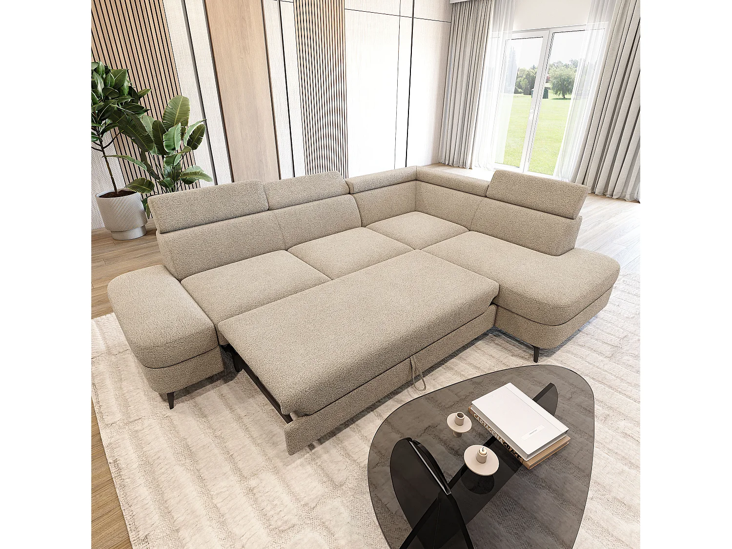 Hoekbank AVISE, met slaapfunctie, Boucléstof Beige