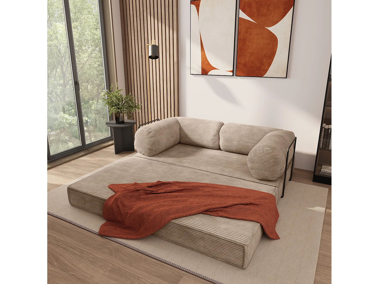 Canapé compressé ALVIO avec cadre métallique, Velours côtelé POSO, Beige