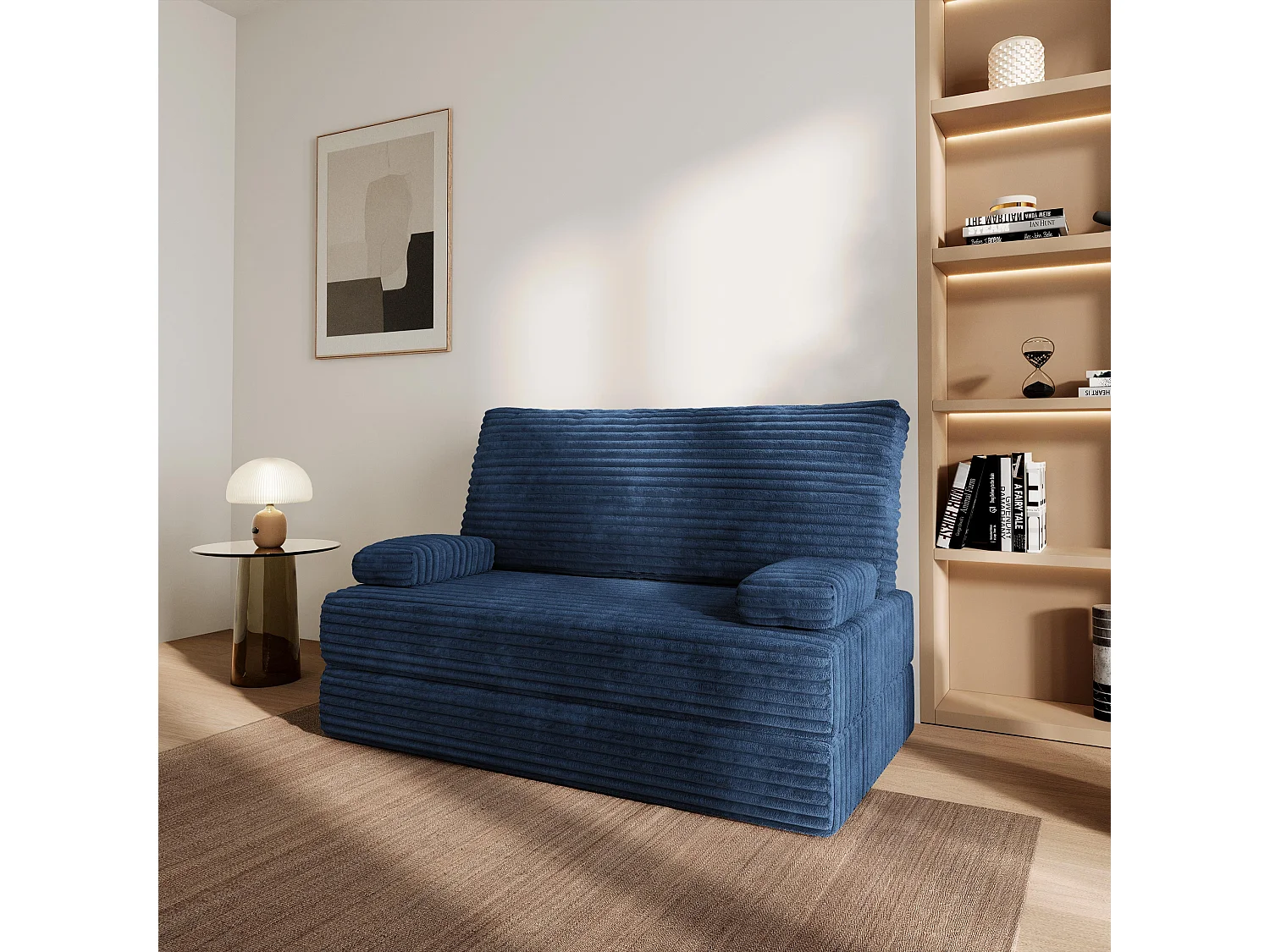 Canapé compressé LADIA sans cadre métallique, Velours côtelé TILIA, Bleu