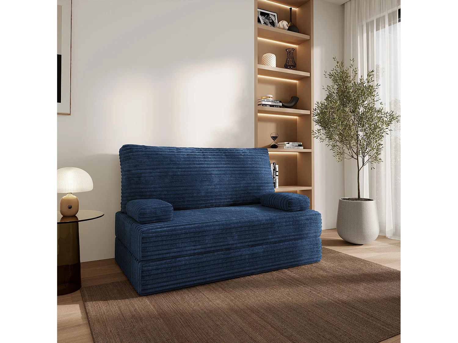 Canapé compressé LADIA sans cadre métallique, Velours côtelé TILIA, Bleu