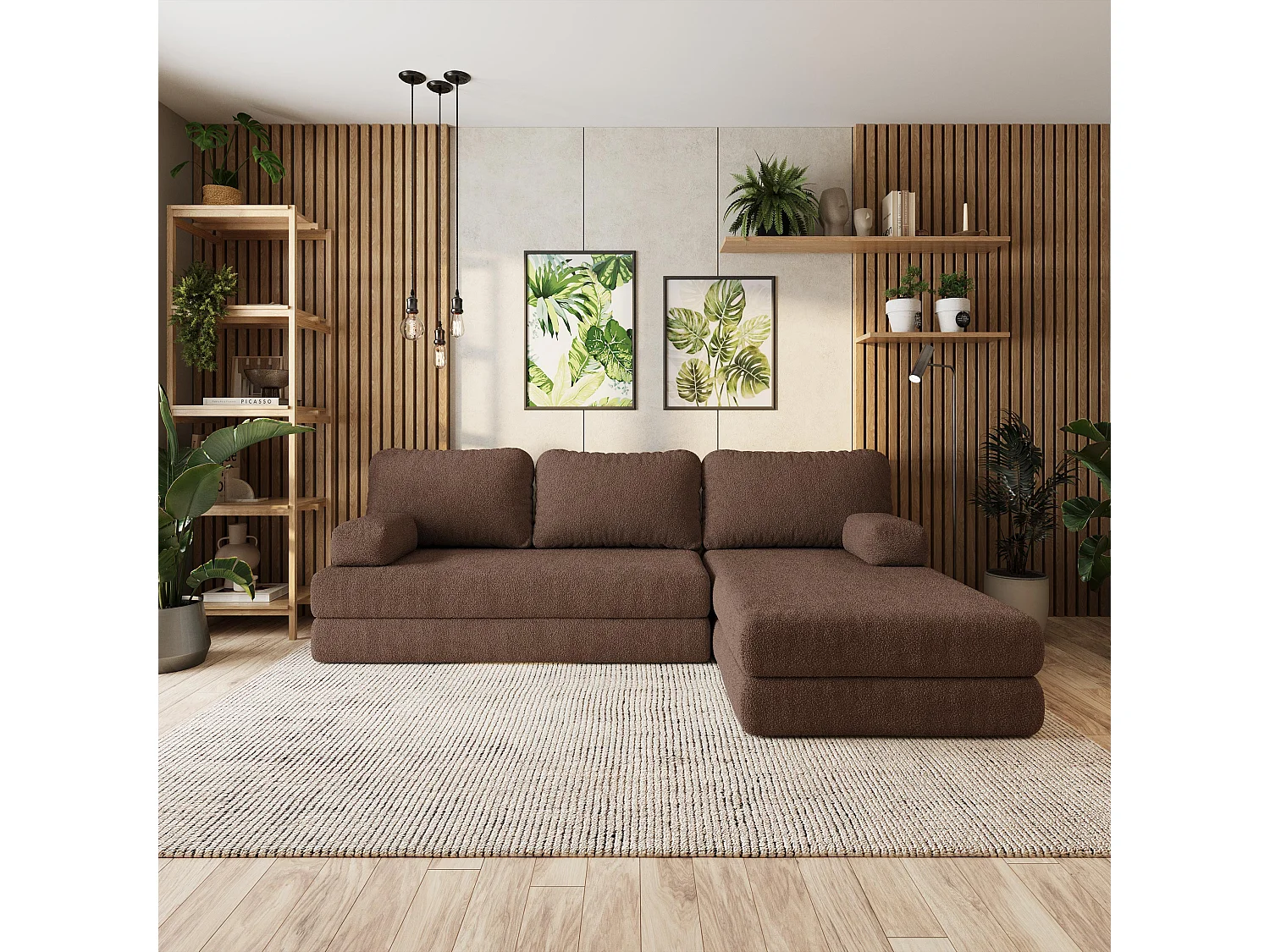 Canapé convertible compressé LEA, sans cadre métallique, bouclé Marron