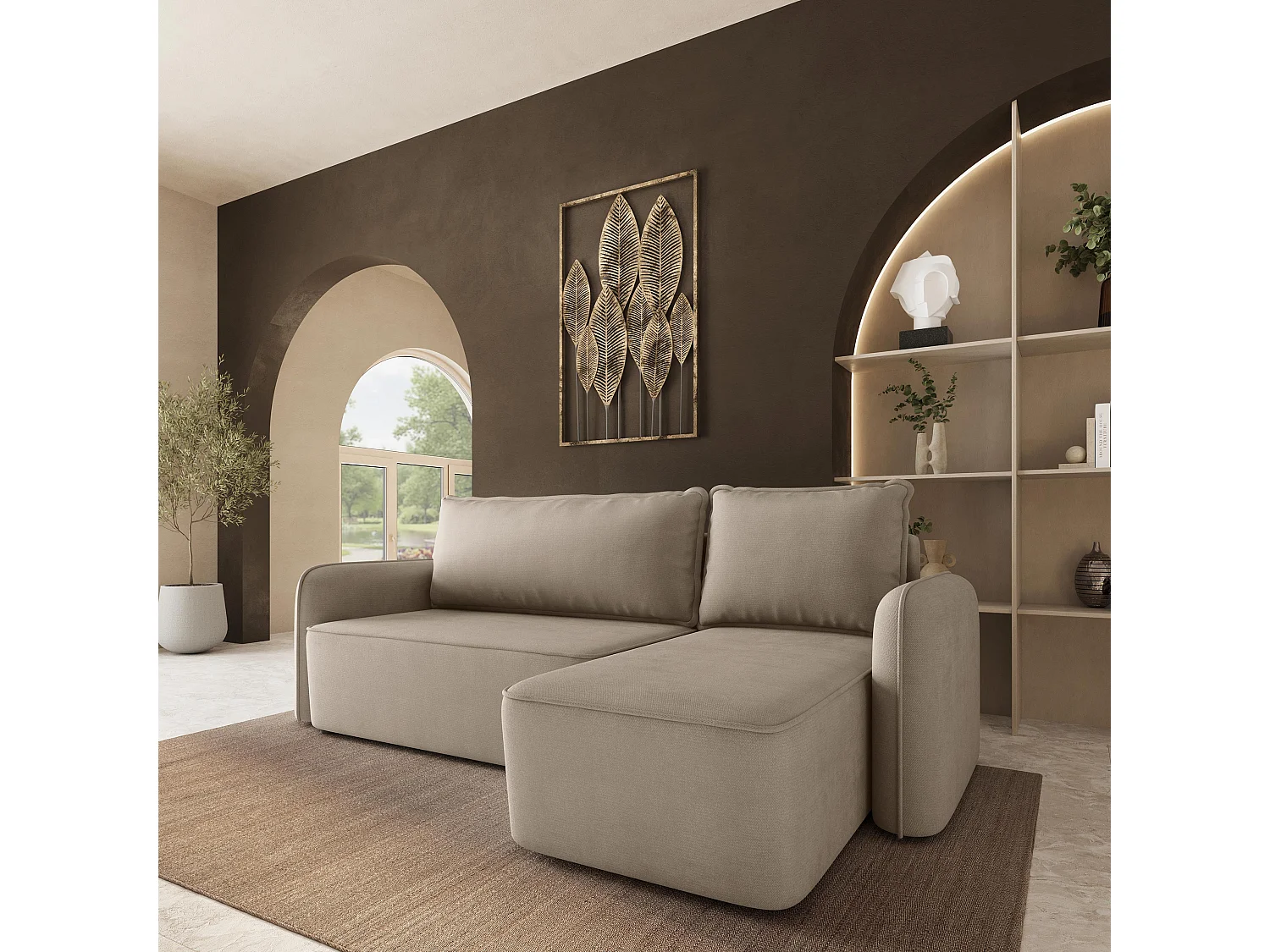 Hoekbank DOLVER, met slaapfunctie, Pluche stof Beige