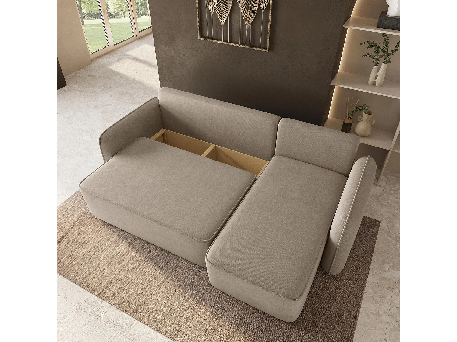 Hoekbank DOLVER, met slaapfunctie, Pluche stof Beige