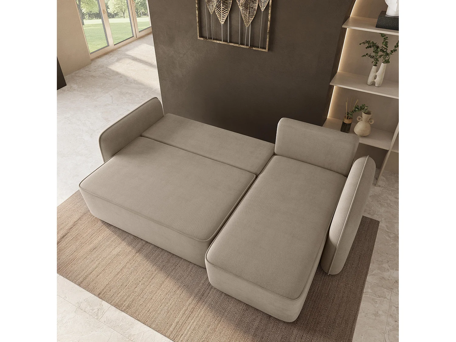Hoekbank DOLVER, met slaapfunctie, Pluche stof Beige