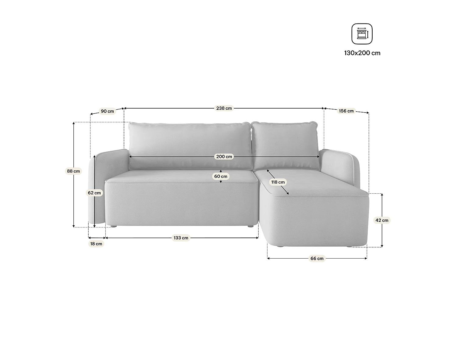 Hoekbank DOLVER, met slaapfunctie, Pluche stof Beige
