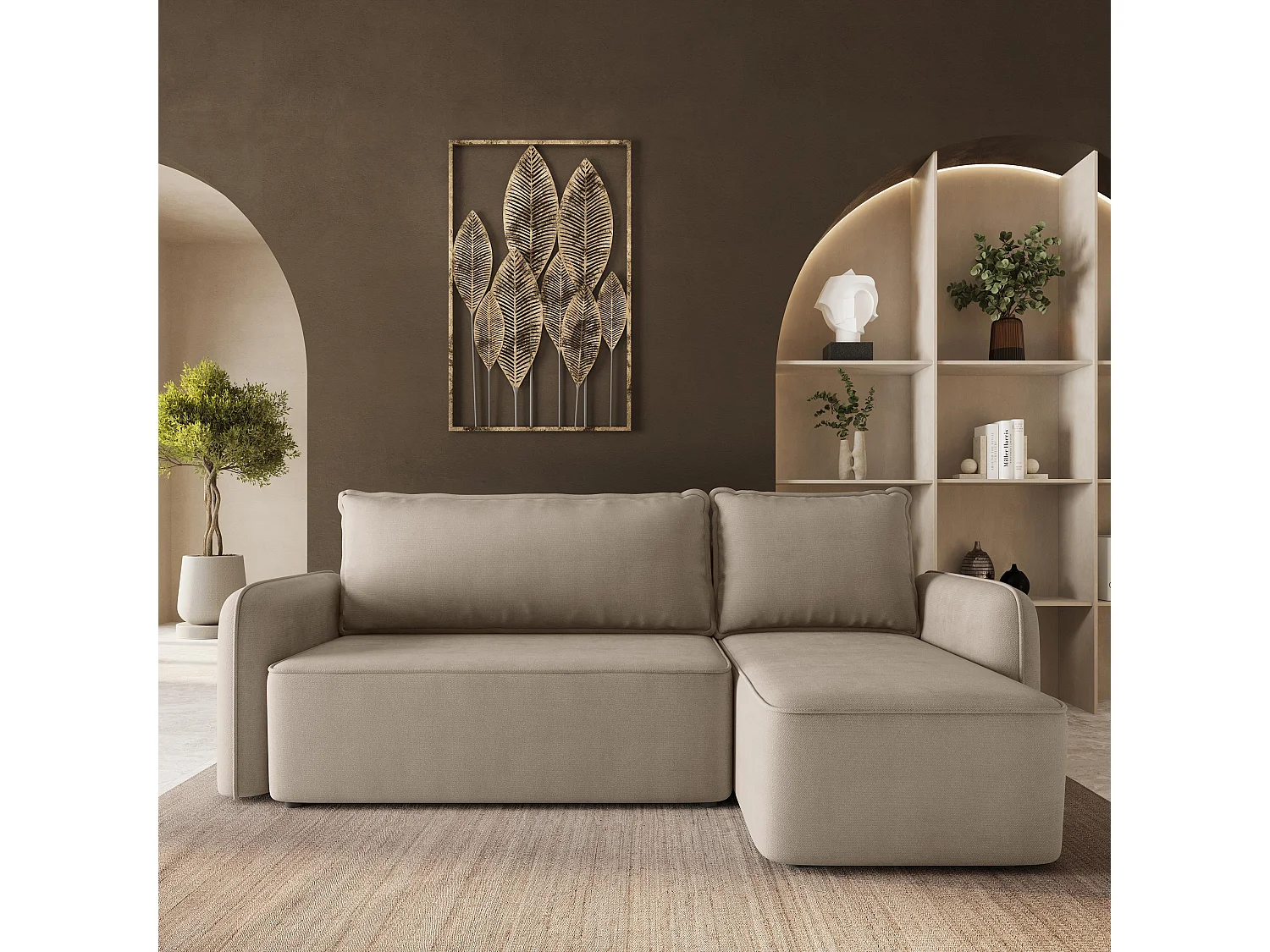 Hoekbank DOLVER, met slaapfunctie, Pluche stof Beige