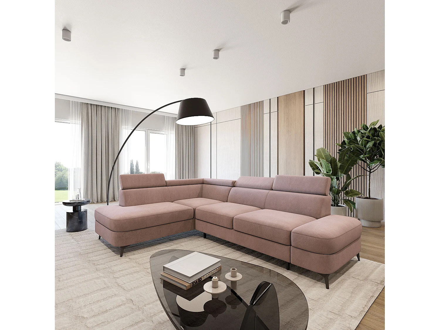 Hoekbank AVISE, met slaapfunctie, Veloursstof Roze
