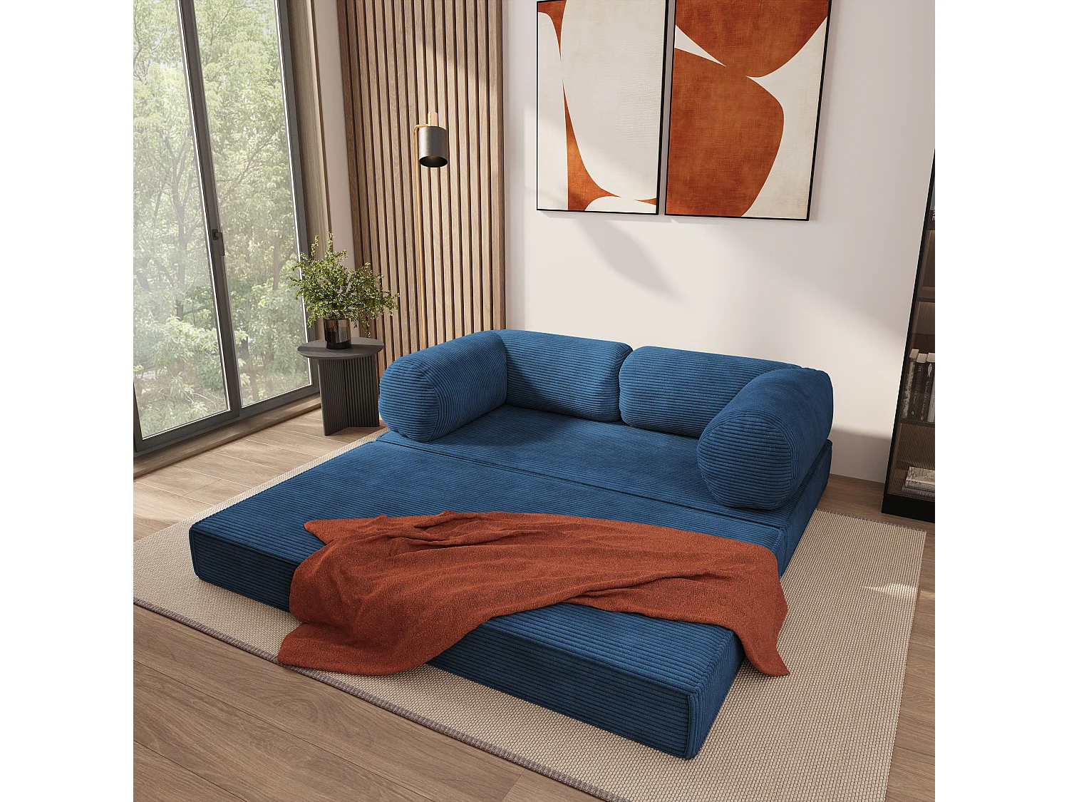 Canapé compressé ALVIO sans cadre métallique, Velours côtelé POSO, Bleu