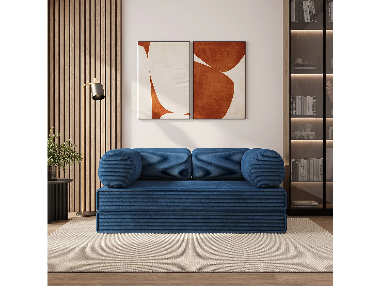 Canapé compressé ALVIO sans cadre métallique, Velours côtelé POSO, Bleu