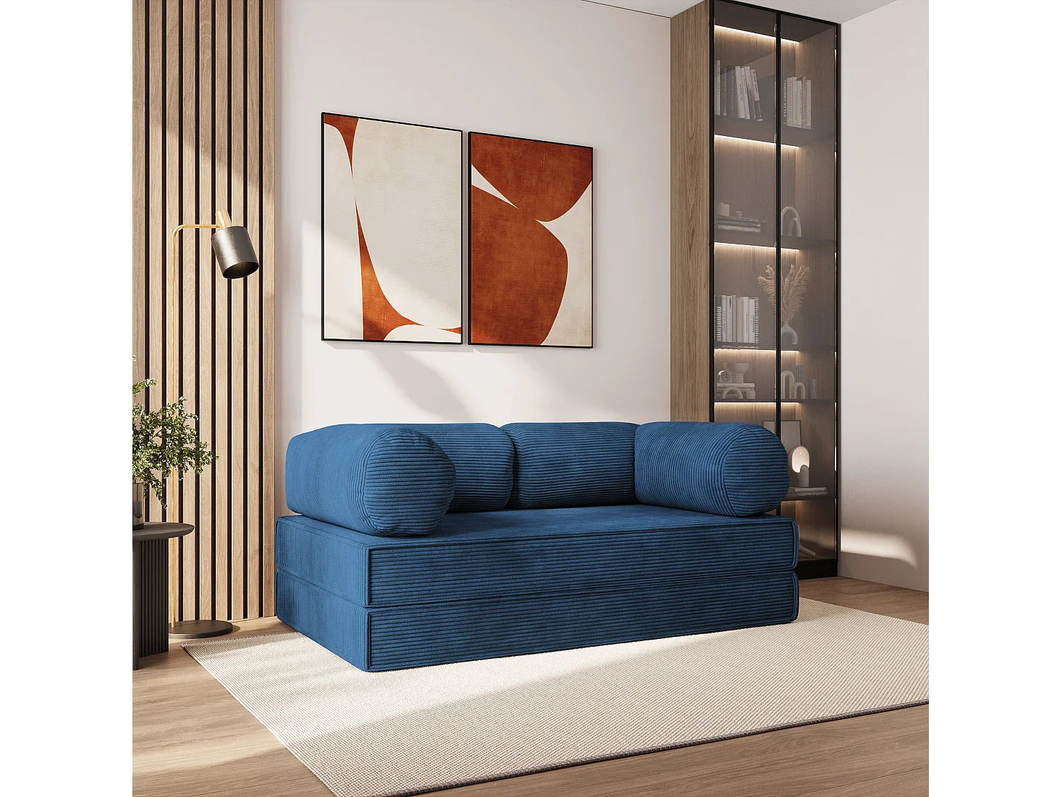 Canapé compressé ALVIO sans cadre métallique, Velours côtelé POSO, Bleu
