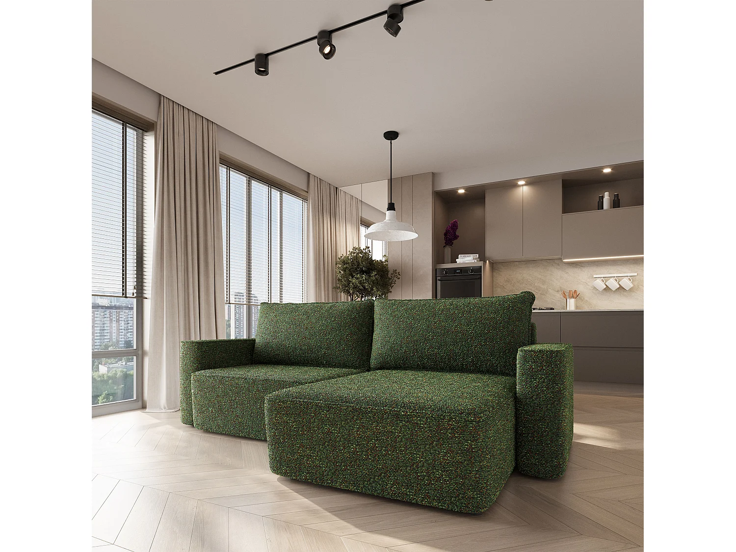 Hoekbank BELISE, met slaapfunctie, Chenille Groen