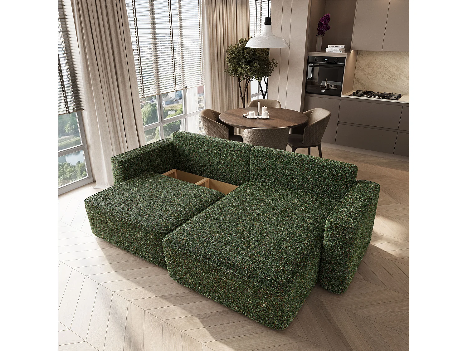 Hoekbank BELISE, met slaapfunctie, Chenille Groen